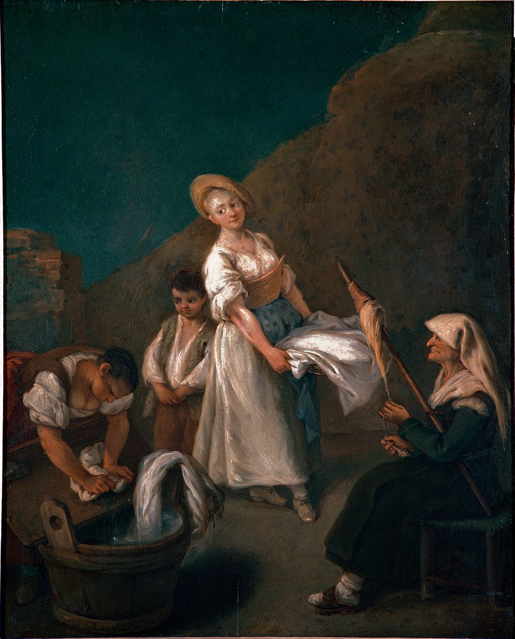 Unge kvinder vasker vasketøjet i skraldespandene, en ældre kvinde på de rigtige uldlinjer. Maleri af Pietro Longhi (1702-1785) 1740 ca. Sol. 61x50 cm Venedig, Ca 