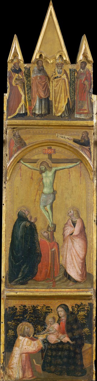 Kreuzigung, Jungfrau und Kind mit einem Diakon af Pietro Lorenzetti