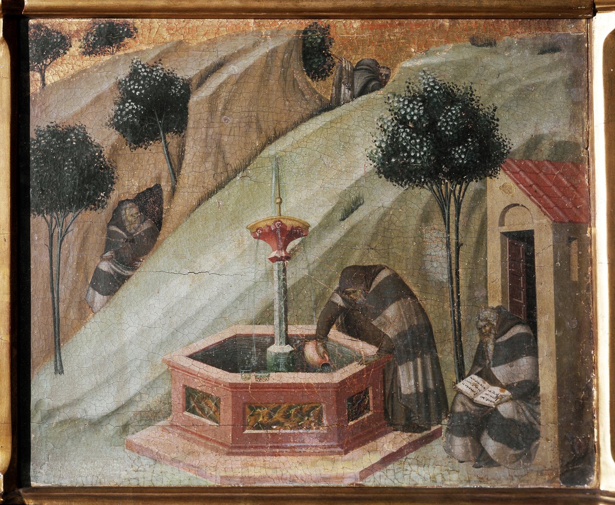 Detalje af altertavlen i Karmel: en eremit med Elias-springvandet - Fresco af Pietro Lorenzetti