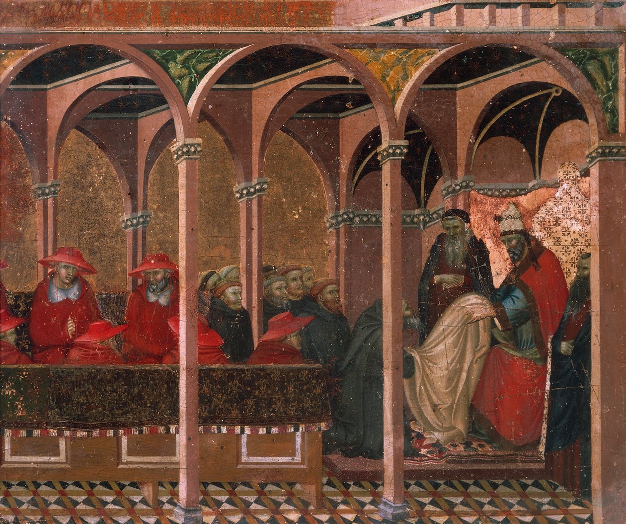 Honorius III godkender karmeliternes regel, detalje fra predella af altertavle til Carmine af Pietro Lorenzetti (ca. 1280-1348), tempera og guld på træpanel af Pietro Lorenzetti