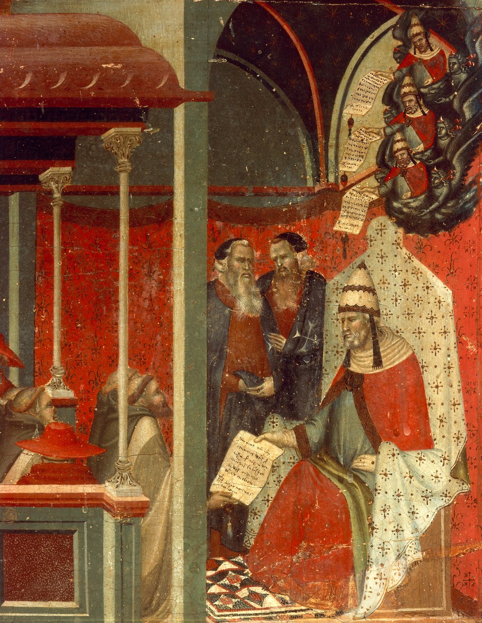 Honorius III godkender karmeliternes regel, detalje fra predella af altertavle til karminen, af Pietro Lorenzetti (ca. 1280-1348), tempera og guld på træpanel af Pietro Lorenzetti