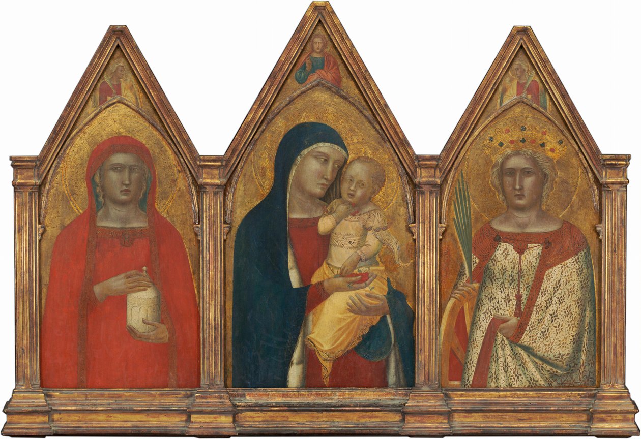Madonna og barn med Kristi velsignelse, og de hellige Maria Magdalena og Katarina af Alexandria med engle [hele triptykon] af Pietro Lorenzetti