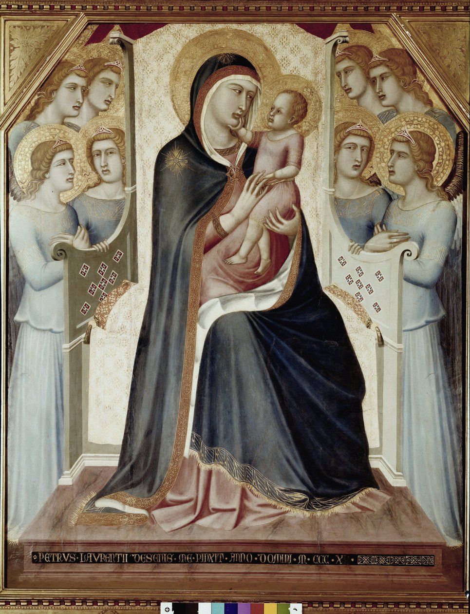 Madonna og barnet på tronen med engle (Tempera på træ af Pietro Lorenzetti