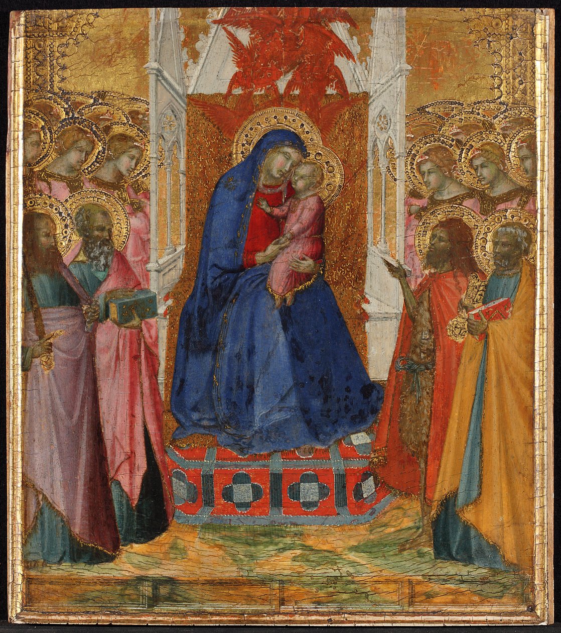 Maria auf dem Thron mit dem Kind, anbetende Engel und Heilige Paulus, Johannes der Evangelist, Johannes der Täufer und Petrus af Pietro Lorenzetti
