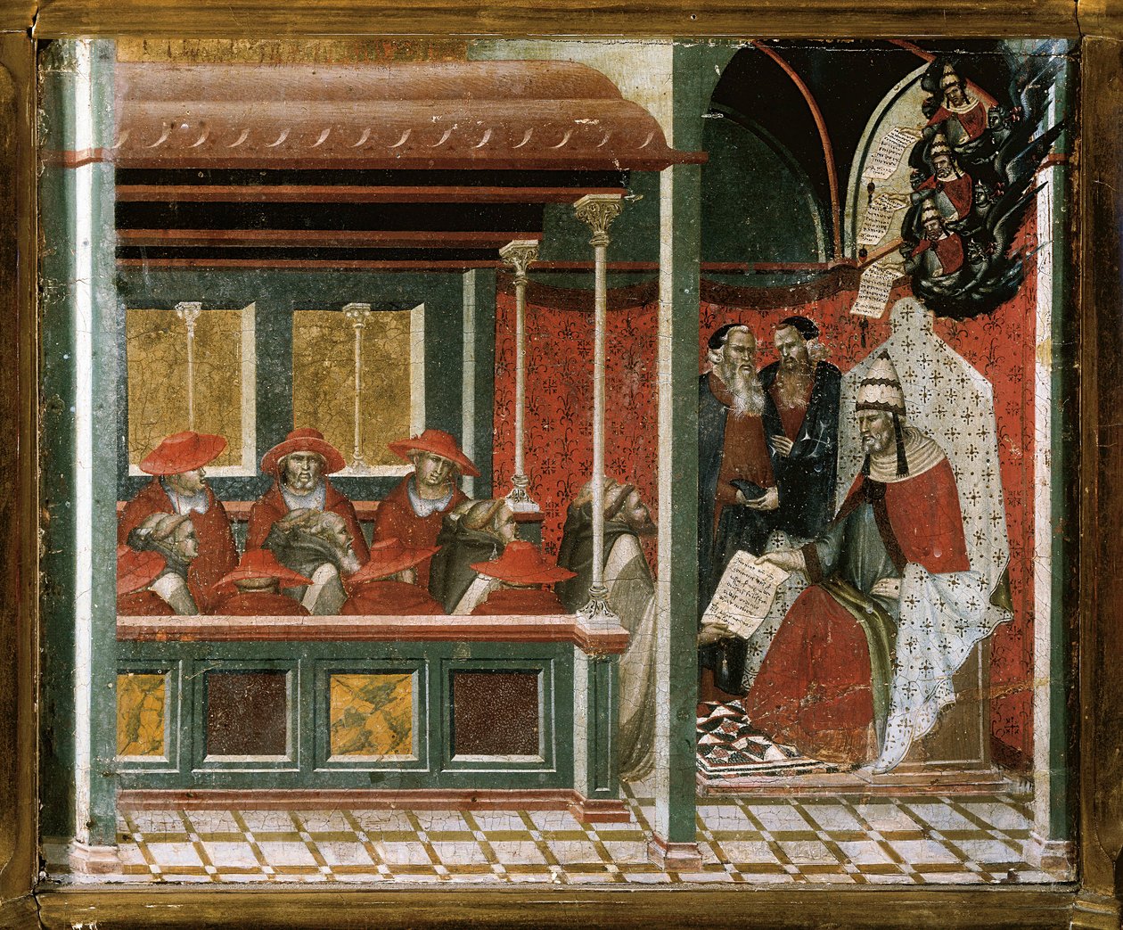 Pave Honorius III godkender karmelitternes regel, detaljer (tempera og guld på træ) af Pietro Lorenzetti