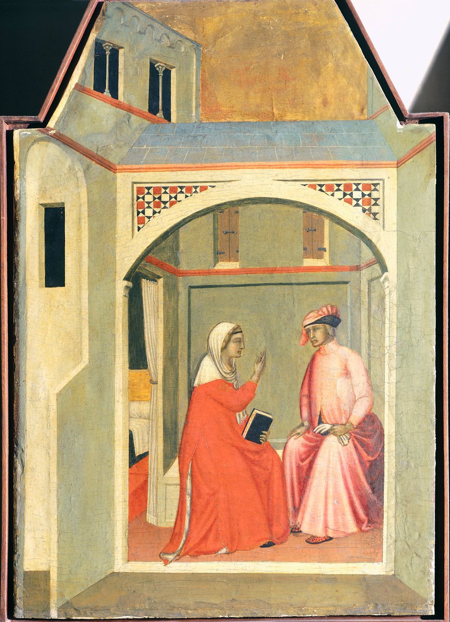 Rosana skilles fra sin mand Ugolotto for at leve helligt, tegl fra altertavlen af den velsignede ydmyghed, af Pietro Lorenzetti (ca. 1280-1348), tempera og guld på træpanel. af Pietro Lorenzetti