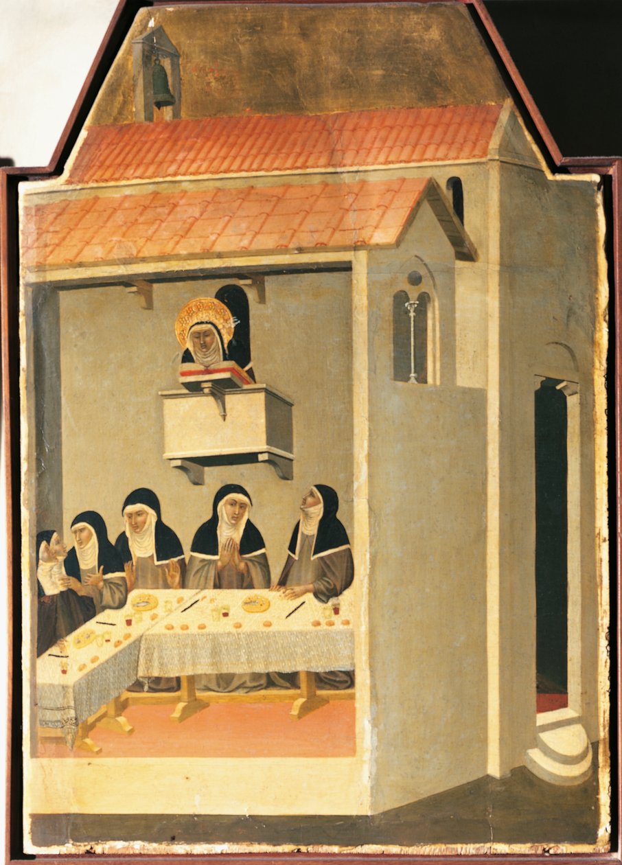 Den velsignede ydmyghed formår på mirakuløst vis at læse i refektoriet i Santa Perpetua, tegl fra altertavlen af den velsignede ydmyghed af Pietro Lorenzetti (ca. 1280-1348), tempera og guld på træ af Pietro Lorenzetti