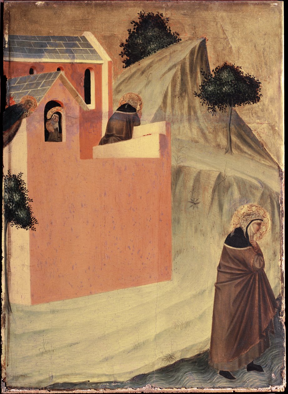 Helgenen forlader klosteret St. Perpetua og krydser floden Lamone (polytykon om Saint Ydmyghedens liv) - Detrempe på træ 1300-tallet af Pietro Lorenzetti