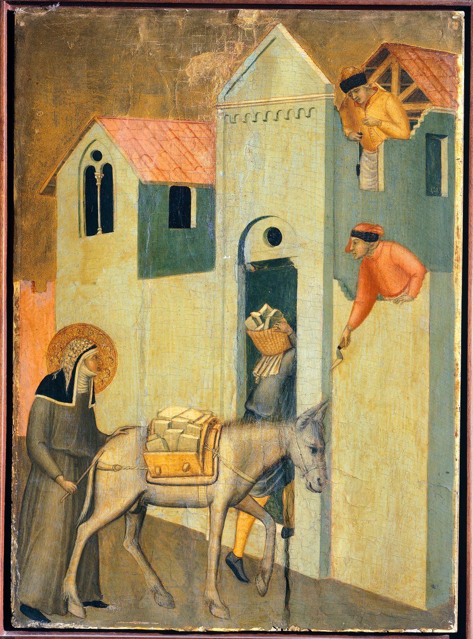 Den velsignede går og tigger om materialerne til at bygge klostret, fliser fra den velsignede ydmygheds altertavle af Pietro Lorenzetti (ca. 1280-1348), tempera og guld på træpanel. af Pietro Lorenzetti