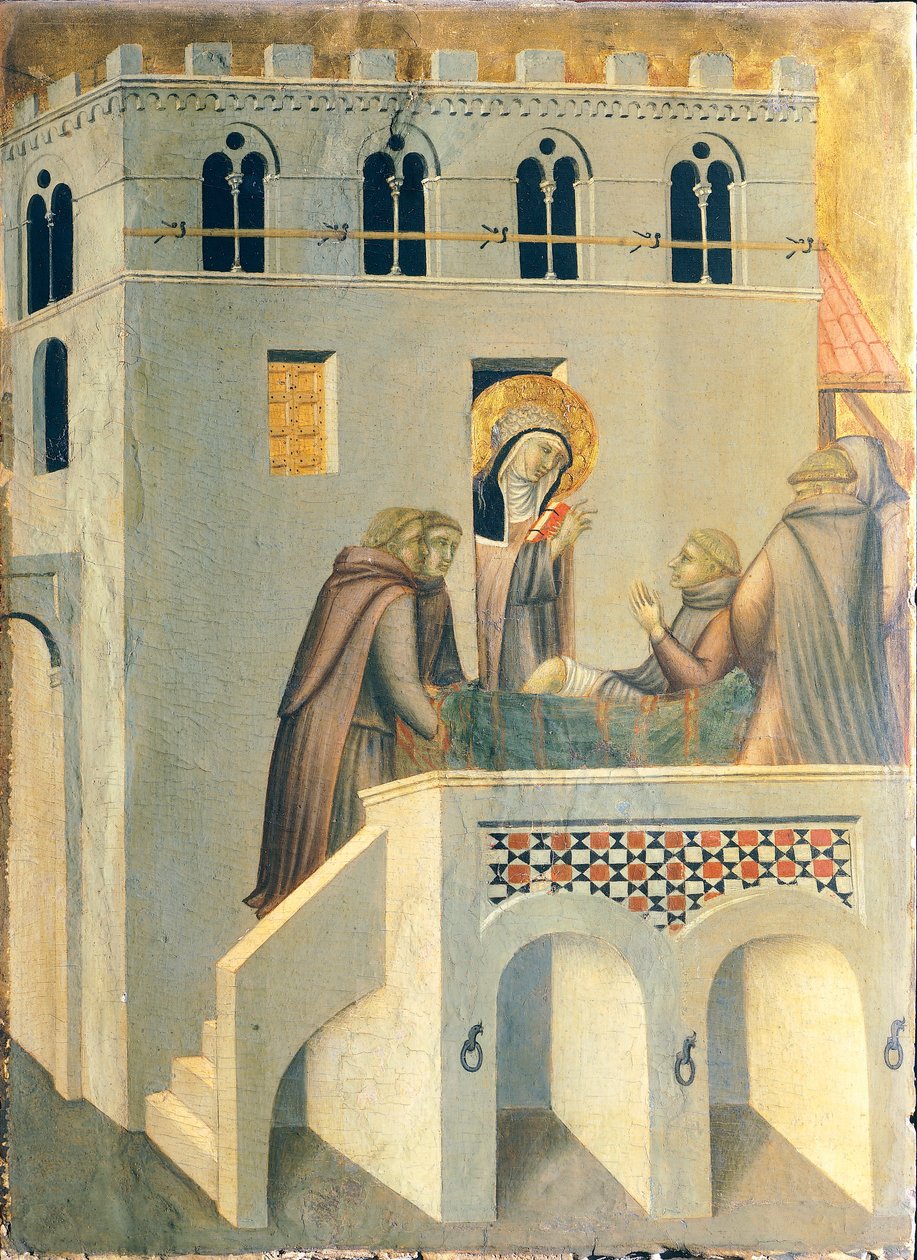 Den velsignede helbreder foden af en munk fra Vallombrosa Abbey, flise fra altertavlen af den velsignede ydmyghed, af Pietro Lorenzetti (ca. 1280-1348), tempera og guld på træpanel. af Pietro Lorenzetti