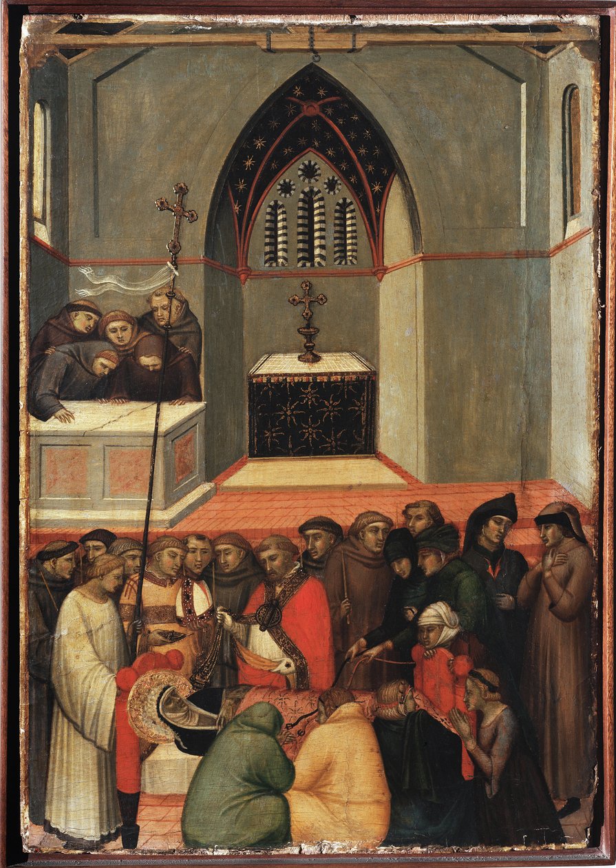 Den opgravede krop af St. Ydmygheden er uspoleret (polytykon om Saint Ydmyghedens liv) - Detrempe på træ 1300-tallet af Pietro Lorenzetti