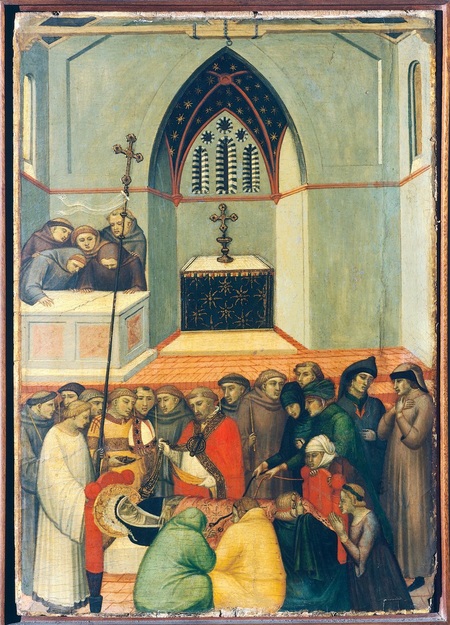 Den velsignedes opgravede krop findes intakt og frisk, tegl på altertavlen af den velsignede ydmyghed af Pietro Lorenzetti (ca. 1280-1348), tempera og guld på træpanel. af Pietro Lorenzetti