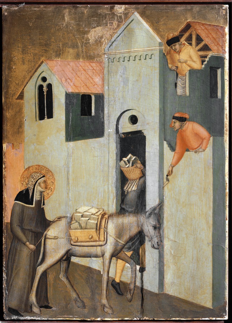 Helgenen bringer mursten til at bygge et nyt kloster i Firenze (detalje af Saint Ydmyghedens polyptikonliv) - Detrempe på træ af Pietro Lorenzetti