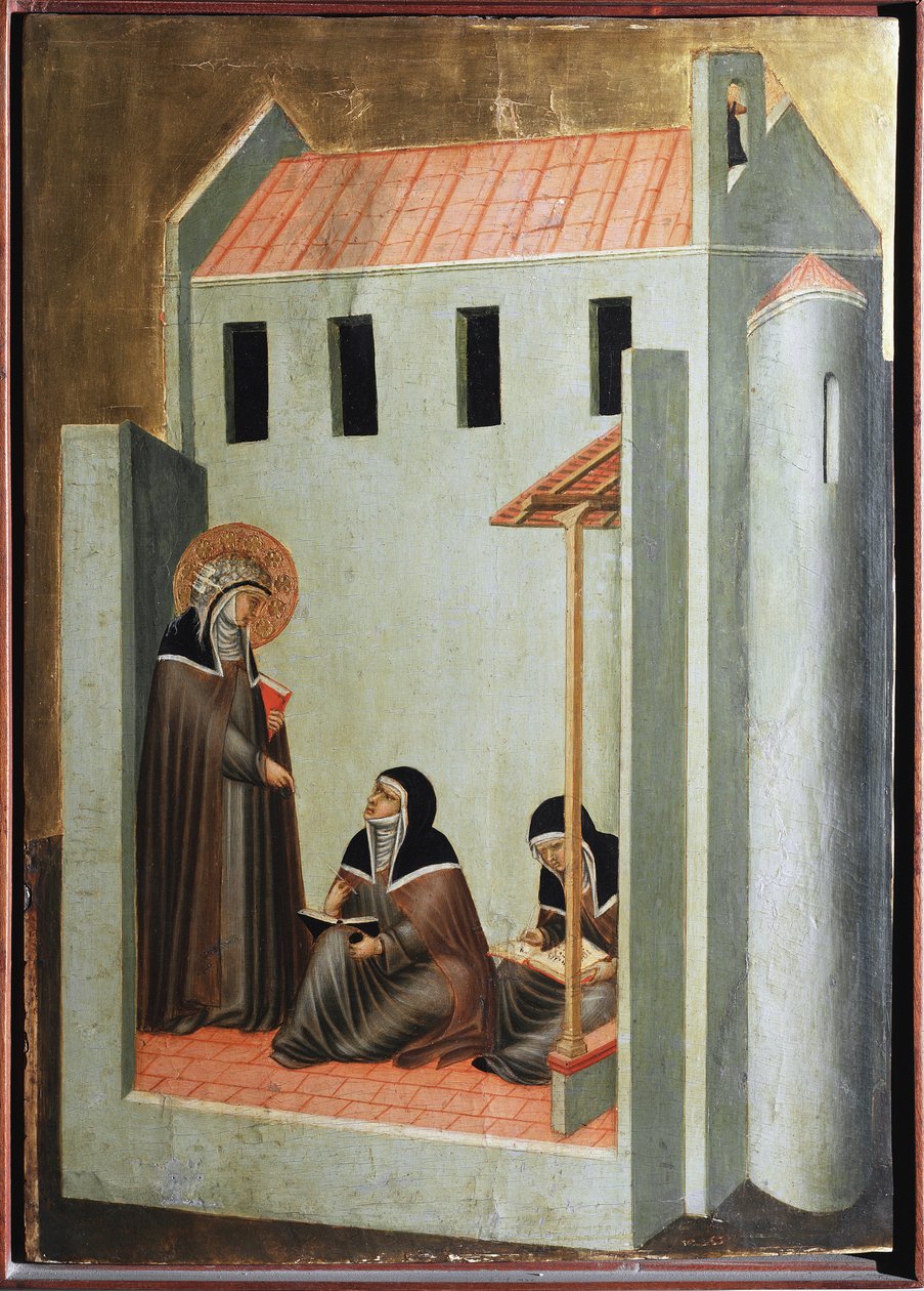 Helgenen dikterer hendes prædikener (polytykon om den hellige ydmygheds liv) - Detrempe på træ 1300-tallet af Pietro Lorenzetti