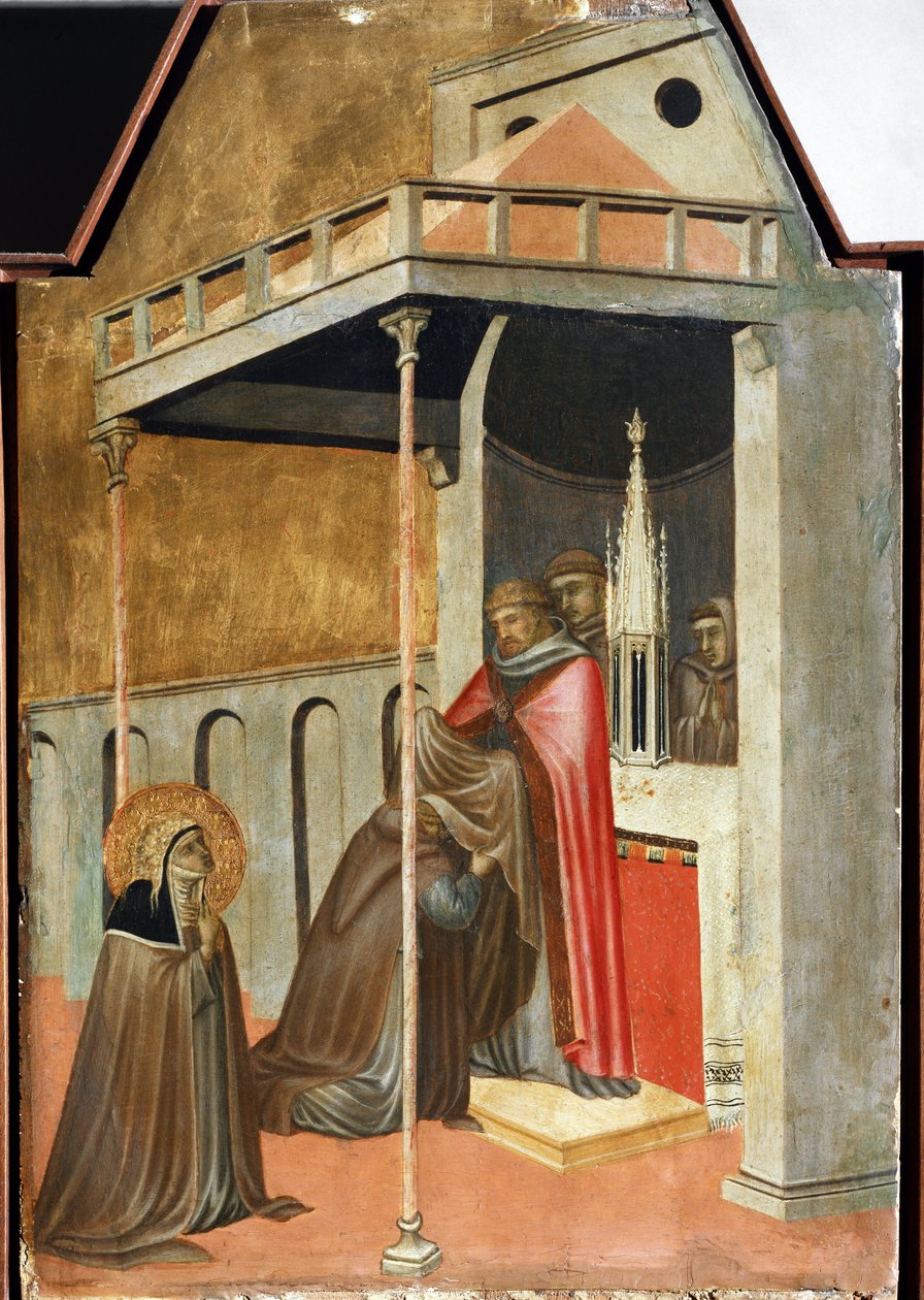 Ugolotti tog den klosterlige vane (detalje af Saint Ydmyghedens polytykonliv) - Detrempe på træ af Pietro Lorenzetti