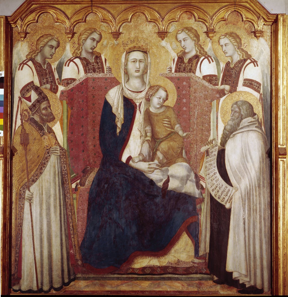Jomfru og Barn mellem St. Nicholas og St. Elias. Centralpanel, Karmelaltertavle (Tempera på træ af Pietro Lorenzetti