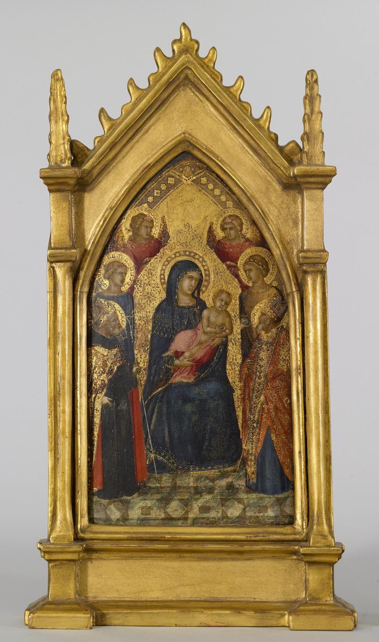 Jomfru og barn med de hellige Augustin, Nikolaj, Katarina, Lucy og engle, ca.1340-45 (tempera og bladguld på panel) af Pietro Lorenzetti
