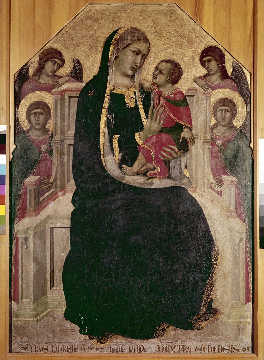 Jomfru på tronen med Jesusbarnet (Maesta di Cortona) (tempera og gyldne blade på træ af Pietro Lorenzetti
