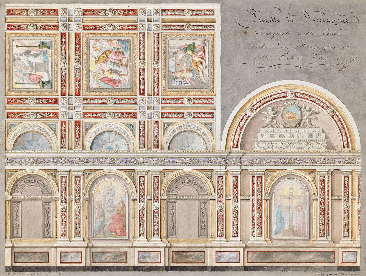 Studie af fresken af Giacomo Cordella i det indre af Chiesa della Pieta, Fermo (blyant, pen & brunt blæk & w/c på papir) af Pietro Lucchini