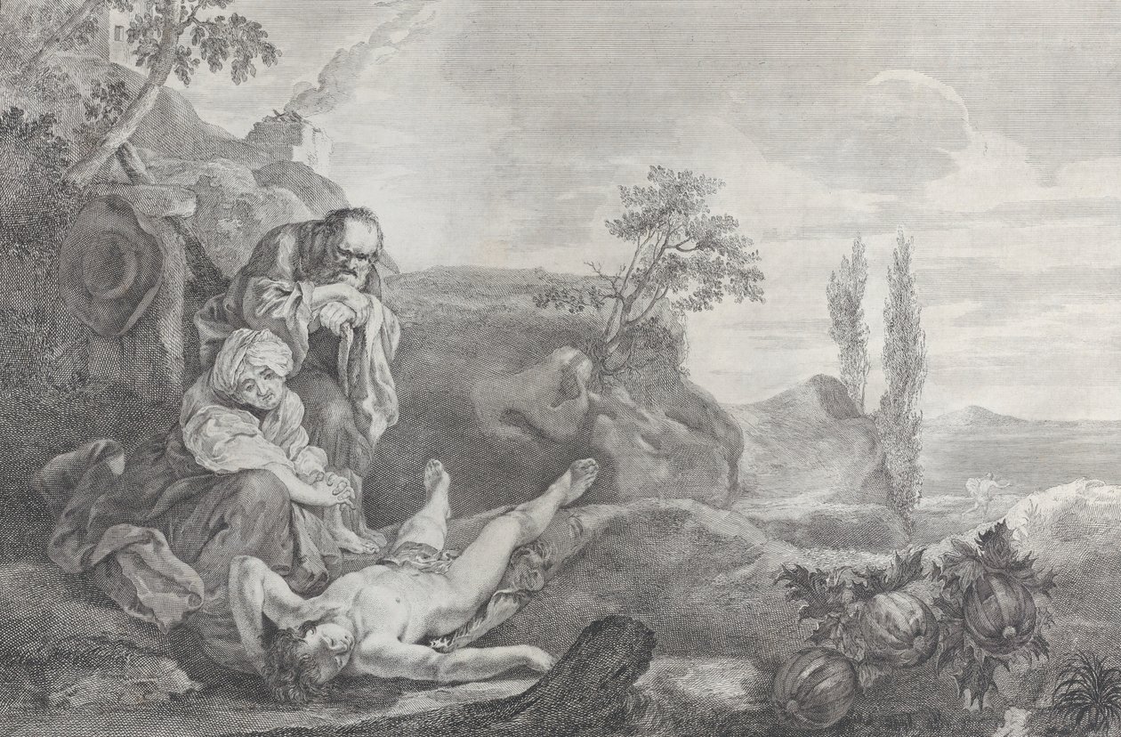Adam og Eva til venstre, som et ældre ægtepar, sørgende over liget af Abel, der ligger i..., 1743-63. af Pietro Monaco