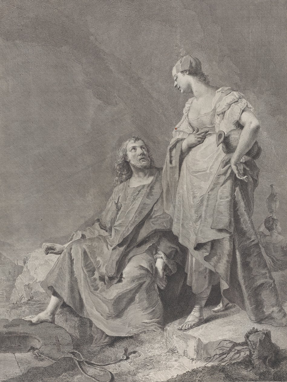 Kristus og kvinden fra Samaria ved brønden, fra serien af 112 aftryk af helligdommen..., 1743-63 af Pietro Monaco