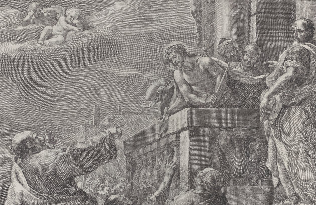 Kristus på en balkon omgivet af vagter, Pilatus står til højre og gestikulerer towa..., ca. 1730-39. af Pietro Monaco