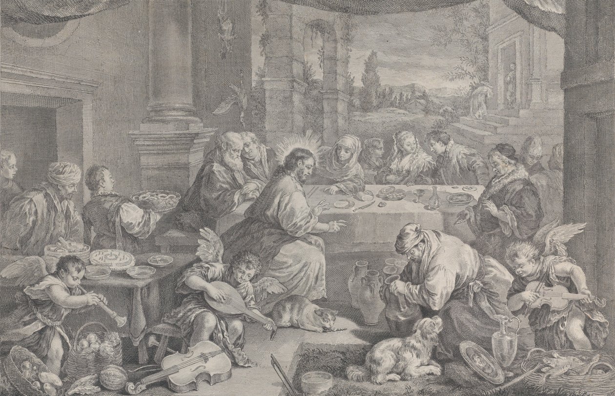 Kristus forvandlede vand til vin ved brylluppet i Kana, 1743-63. af Pietro Monaco