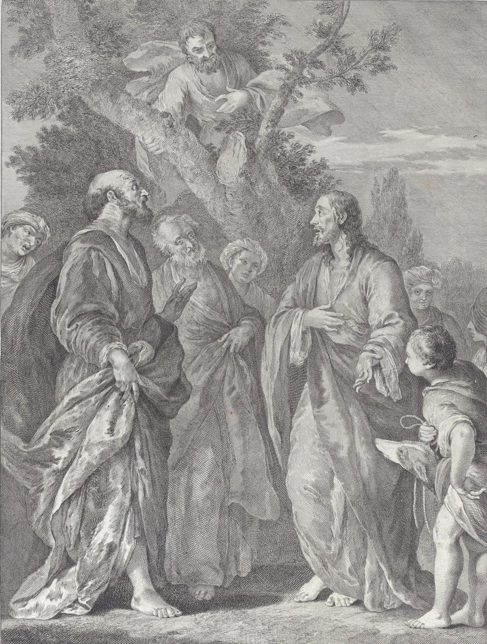 Omvendelse af Zakæus, med Kristus til højre henvendt til skatteopkræveren, som har sæde..., 1730-39. af Pietro Monaco