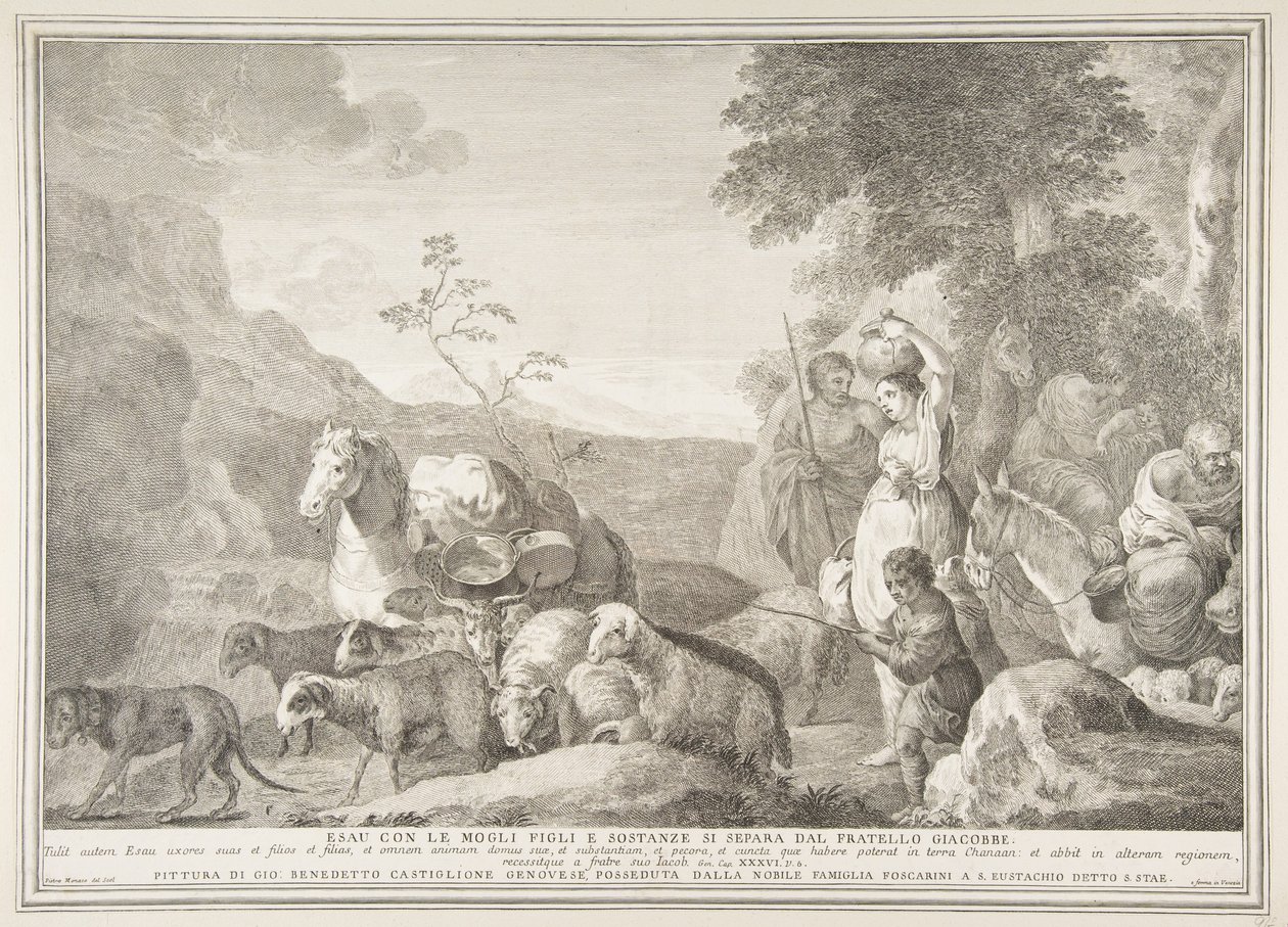Esau og hans familie skiller sig af med Jakob Esau med hans hustruer sønner og stoffer sepa ..., 1743-63. af Pietro Monaco