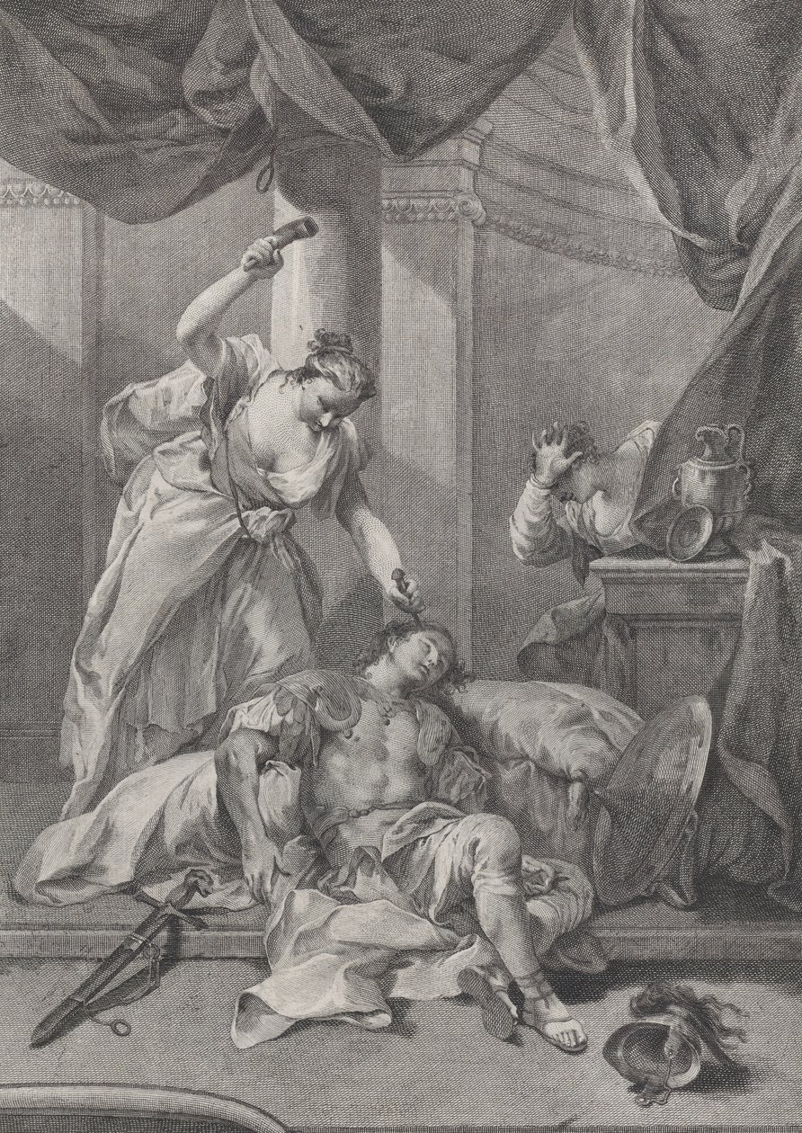 Jael hamrer en teltpløkke ind i den sovende Siseras tempel, til højre a se..., ca. 1730-39. af Pietro Monaco