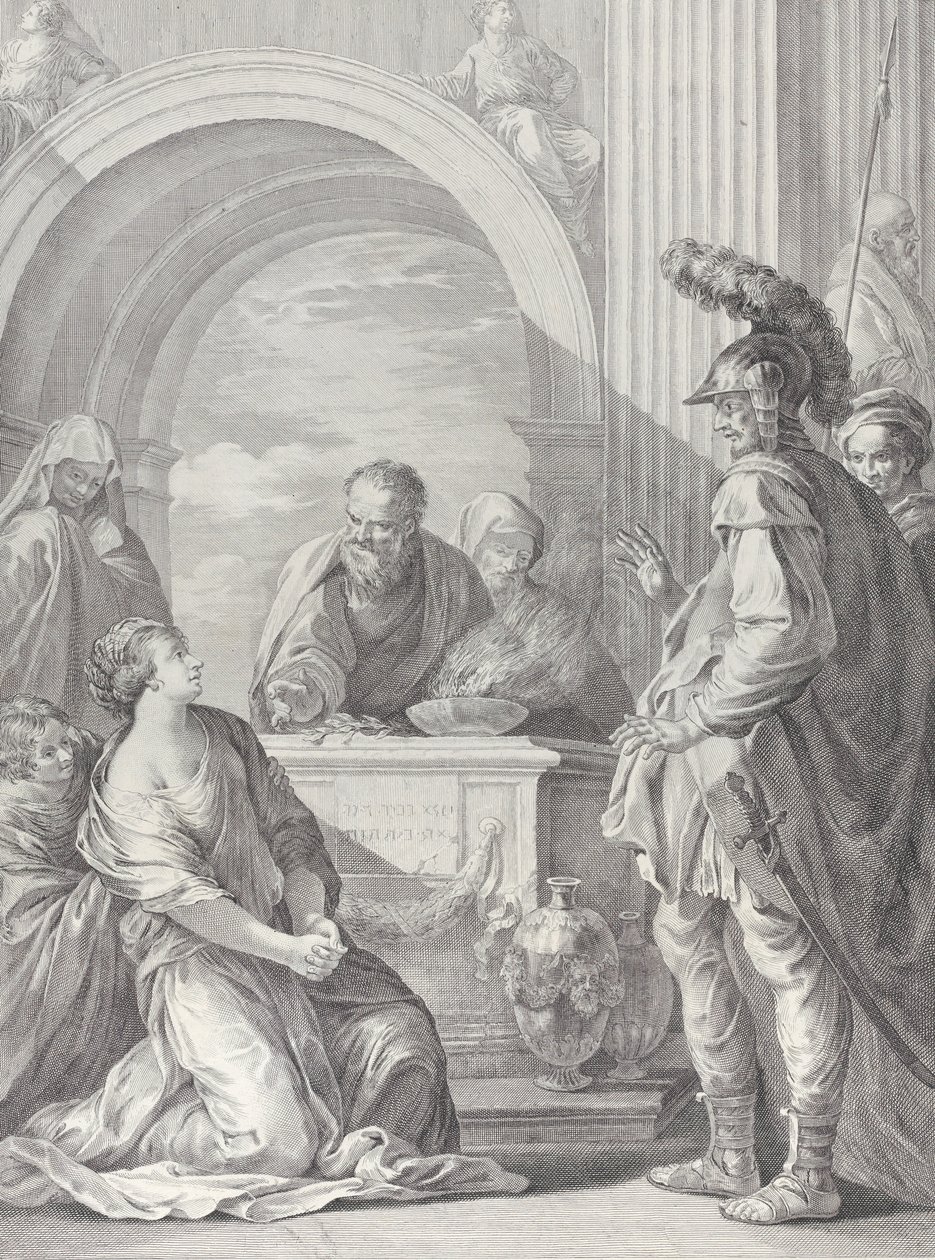 Jeftas datter knælende ved offeralteret, med sin far stående ved højre... 1730-50. af Pietro Monaco