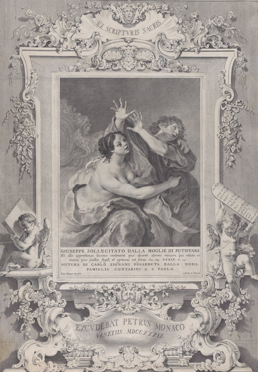 Josef og Potifars kone, inden for en udsmykket ramme, 1739. af Pietro Monaco