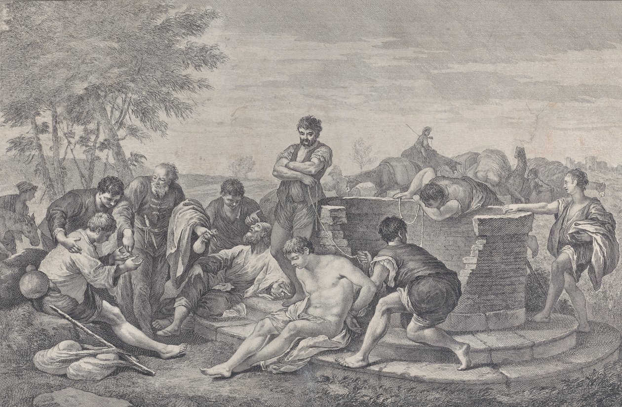 Josef blev solgt til slaveri af sine brødre, som sidder omkring en brønd, der deler c..., 1730-39. af Pietro Monaco