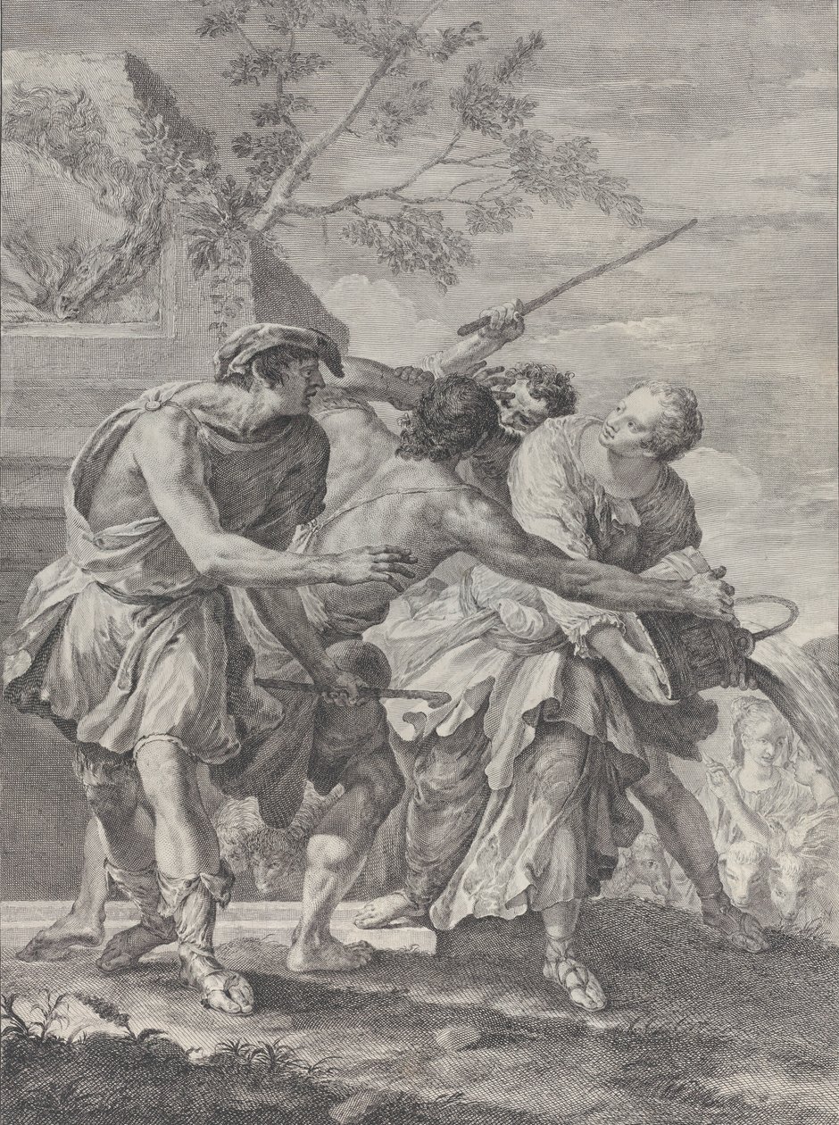 Moses forsvarede Jethros døtre, 1732-50. af Pietro Monaco