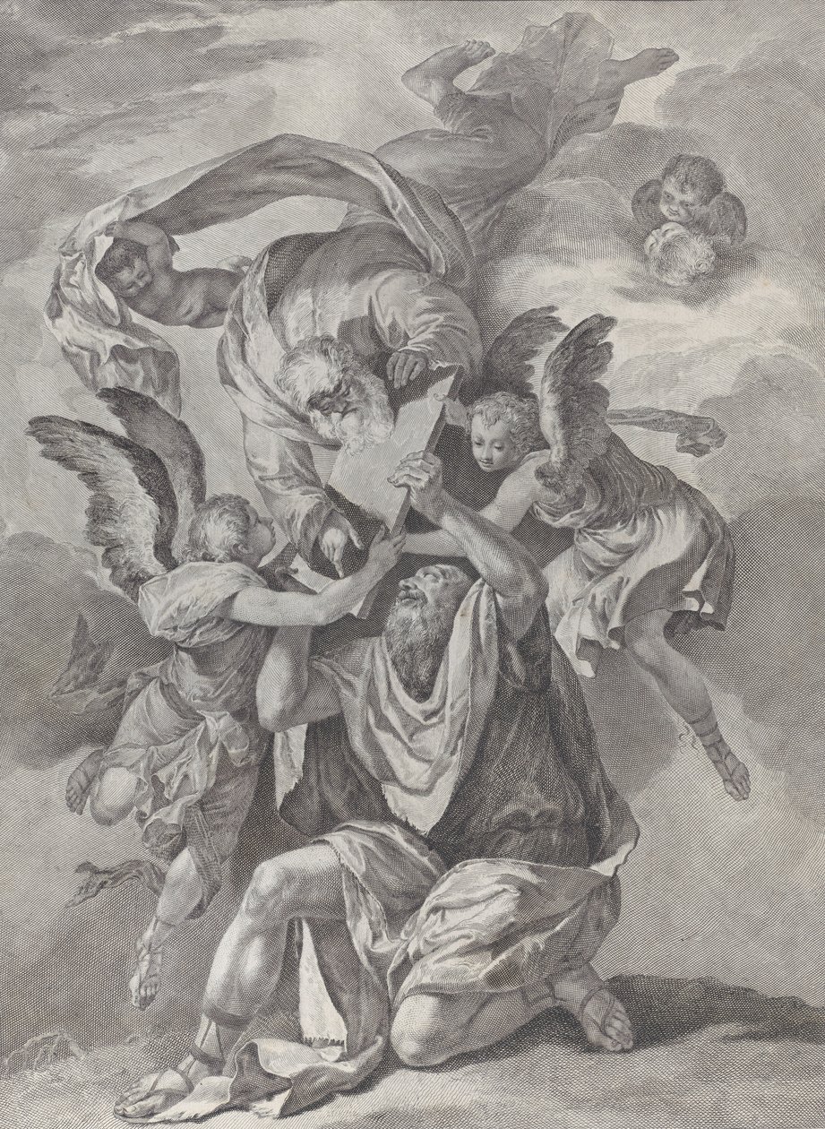 Moses modtager lovens tavler fra Gud, der stiger ned fra himlen, fra..., ca. 1730-39. af Pietro Monaco
