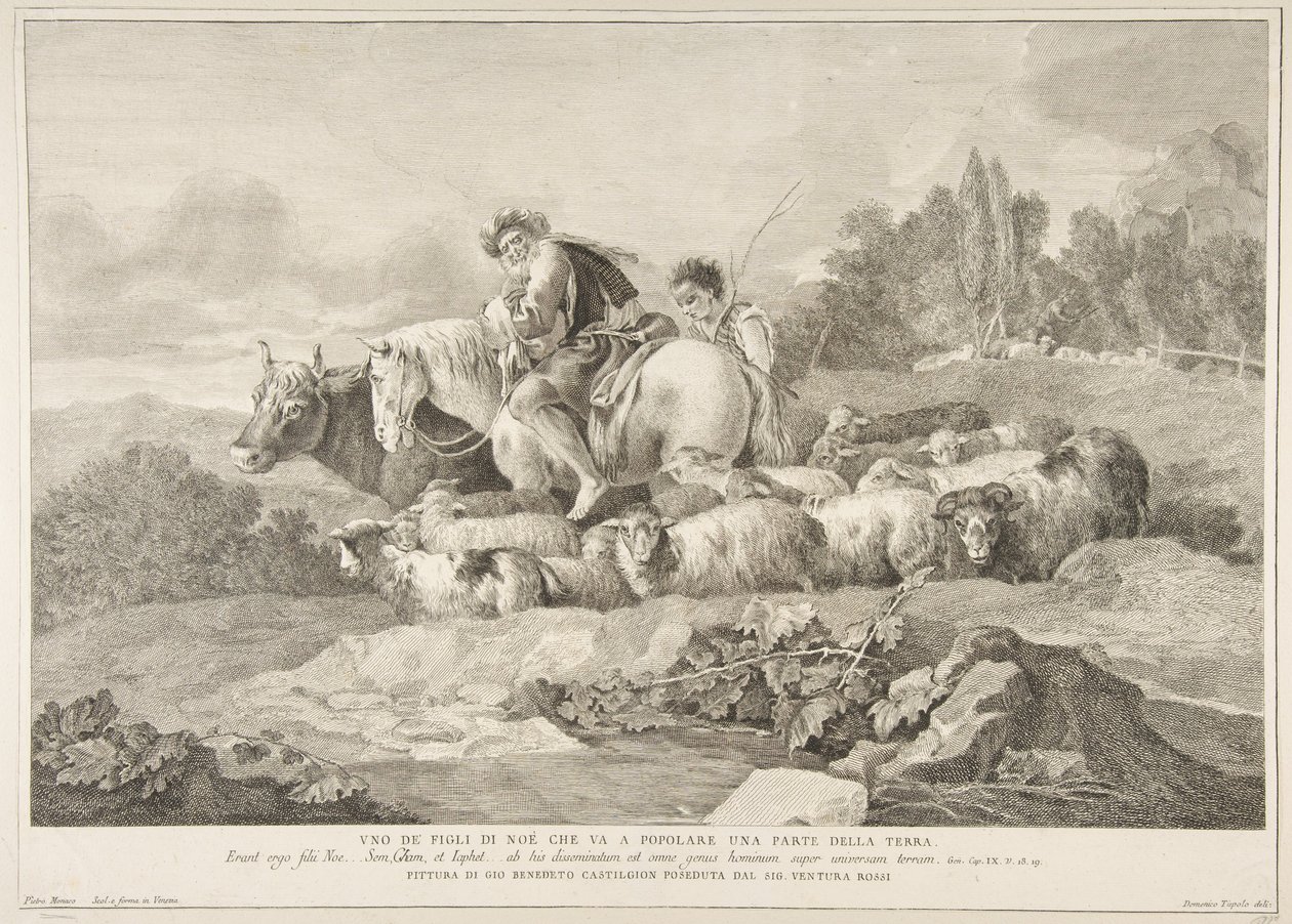 En af Noas sønner, der går for at befolke en del af jorden Uno de figli di Noè c..., 1743-63. af Pietro Monaco