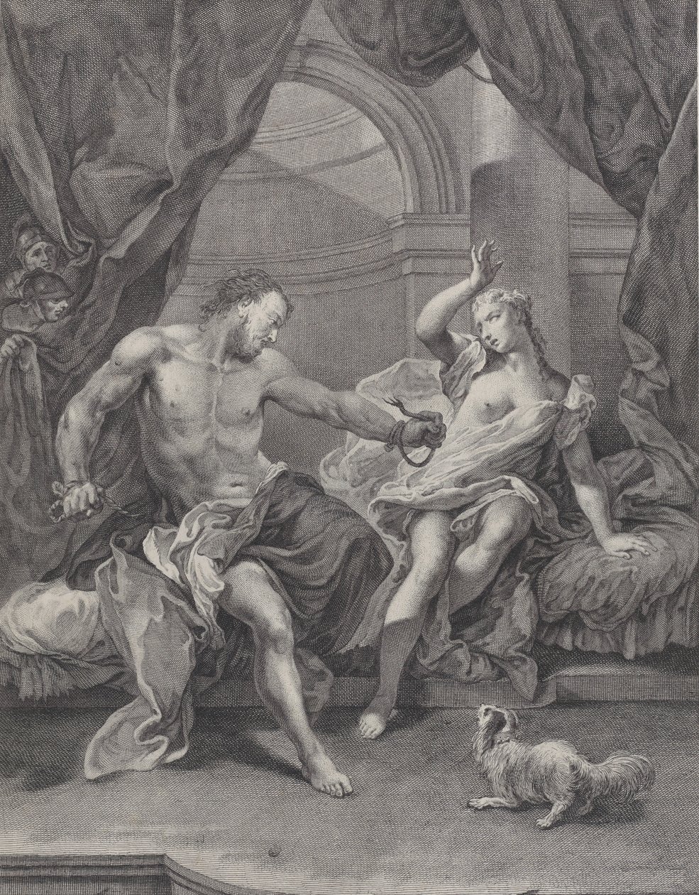 Samson og Delila sad på en seng, Samson river rebene fra hinanden, der binder hans hånd..., ca. 1730-39. af Pietro Monaco