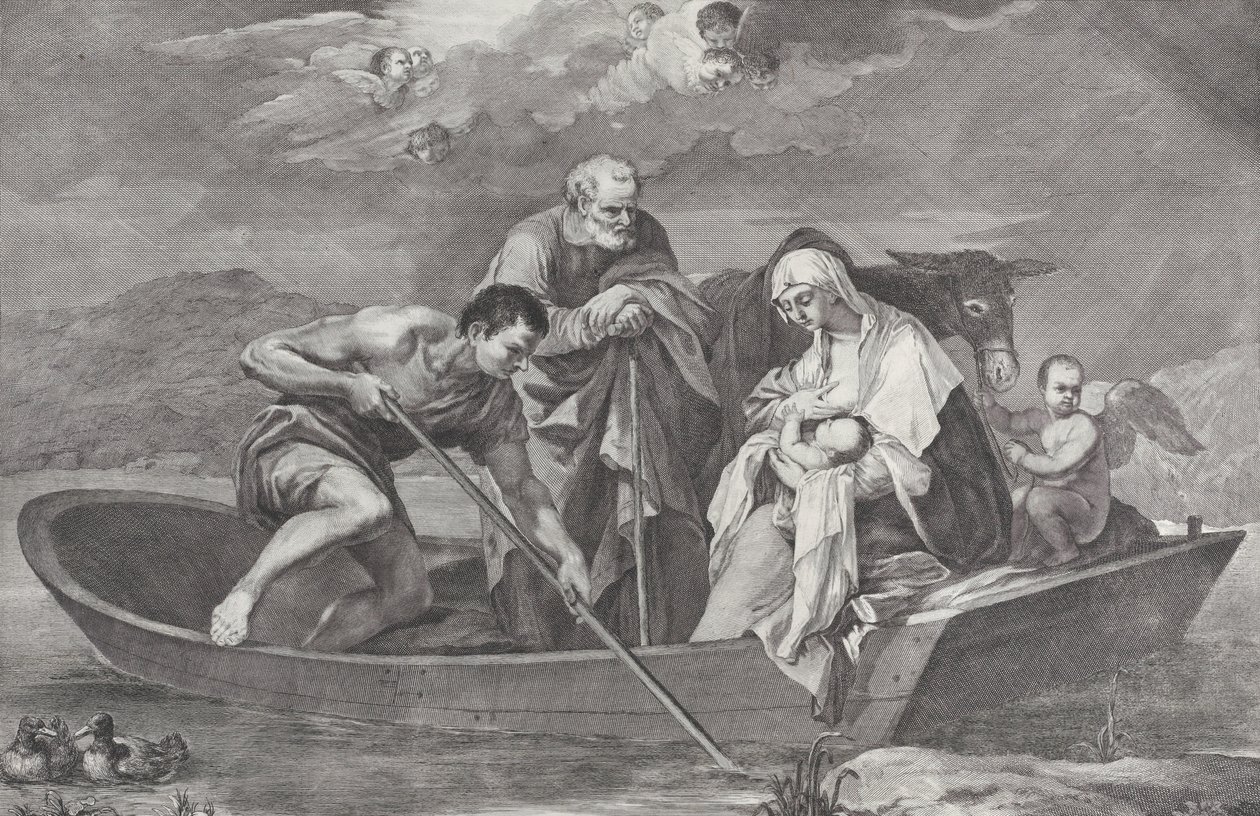 Flugten til Egypten med den hellige familie i en båd, 1730-50. af Pietro Monaco