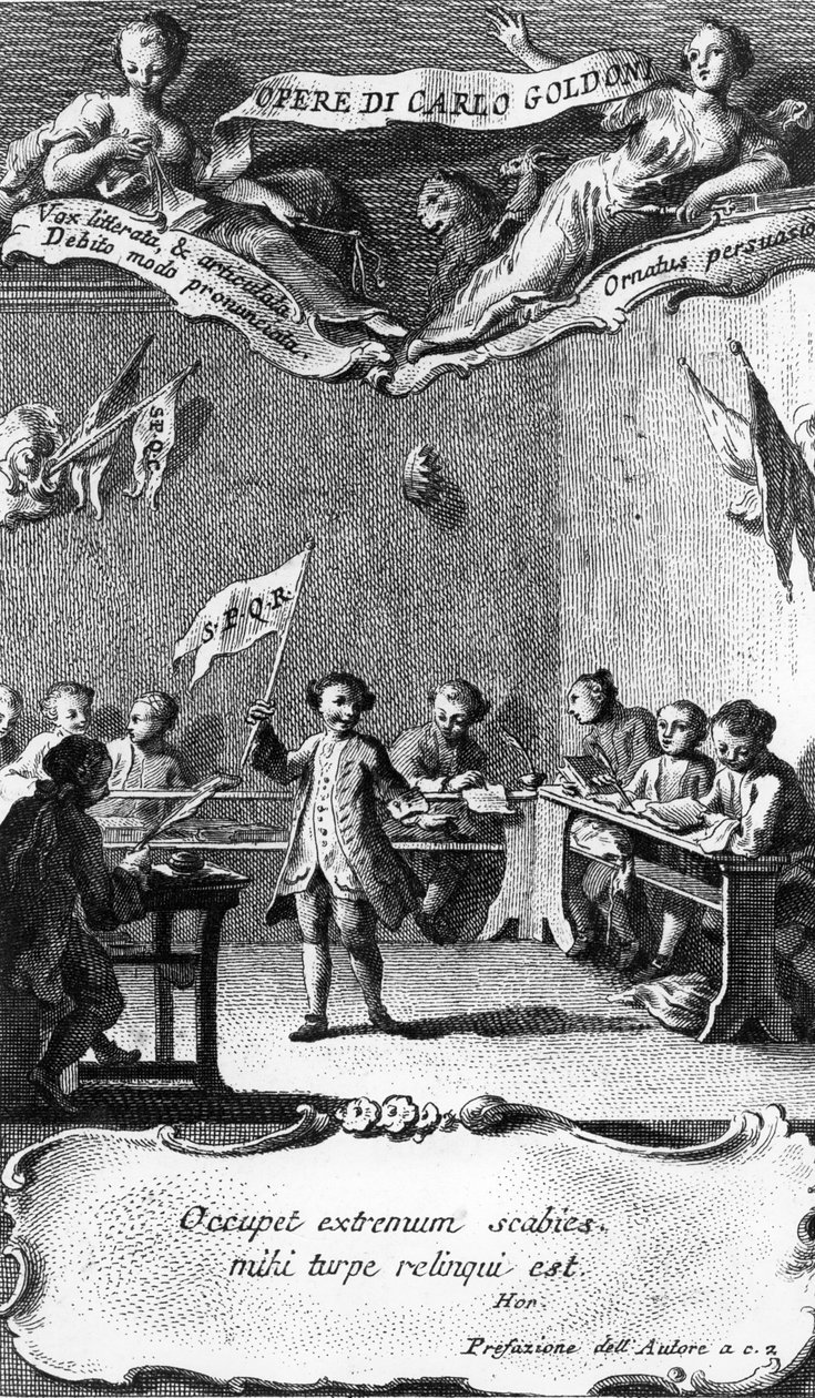 Carlo Goldoni vifter med et flag for at fejre sit år på jesuitskolen i Perugia, fra 