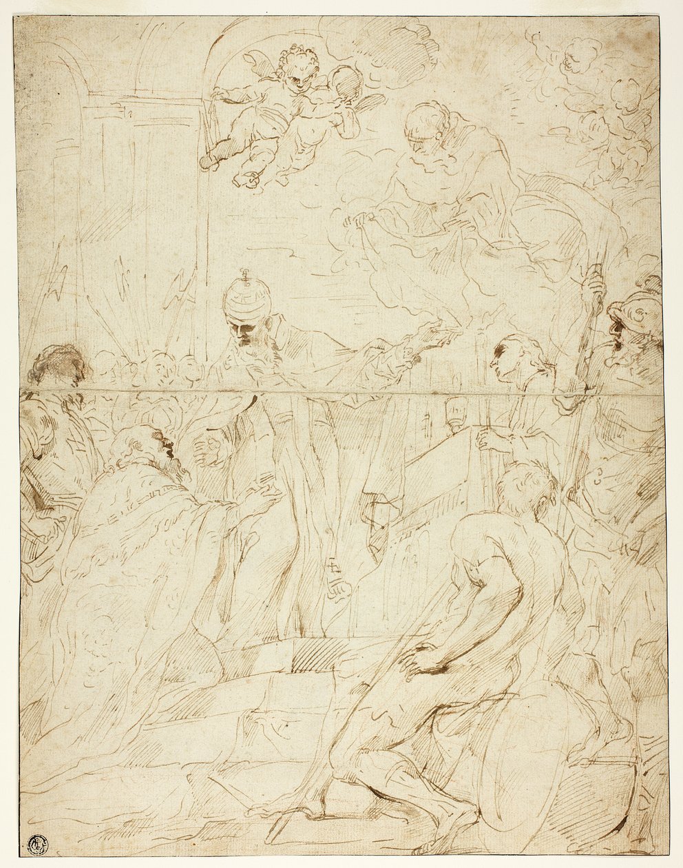 Hellig, der viser sig for hersker (recto); Flyvende Putto (verso) af Pietro Novelli