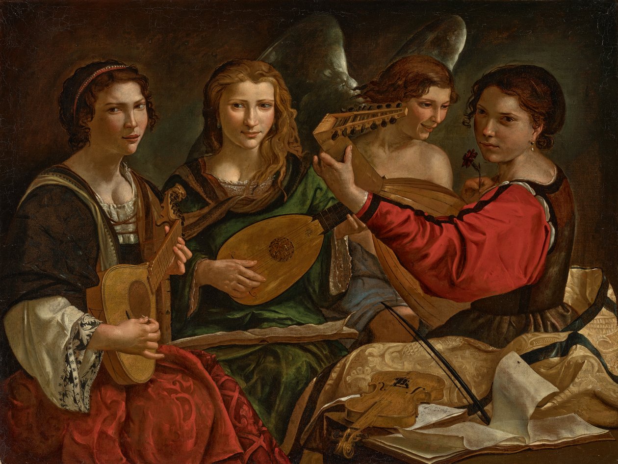 Lutspillere og en engel (olie på lærred) af Pietro Paolini