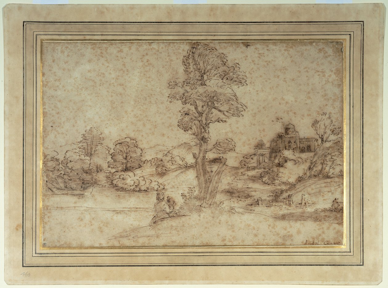 Landskab med en sø og bygninger, en mor og et barn siddende ved et træ (pen & brunt blæk på papir) af Pietro Paolo (attr. to) Bonzi