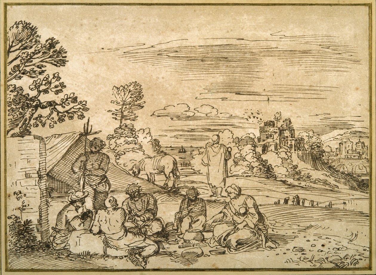 Landskab med sigøjnere, der bivuackerer (pen og brunt blæk på papir) af Pietro Paolo (attr. to) Bonzi