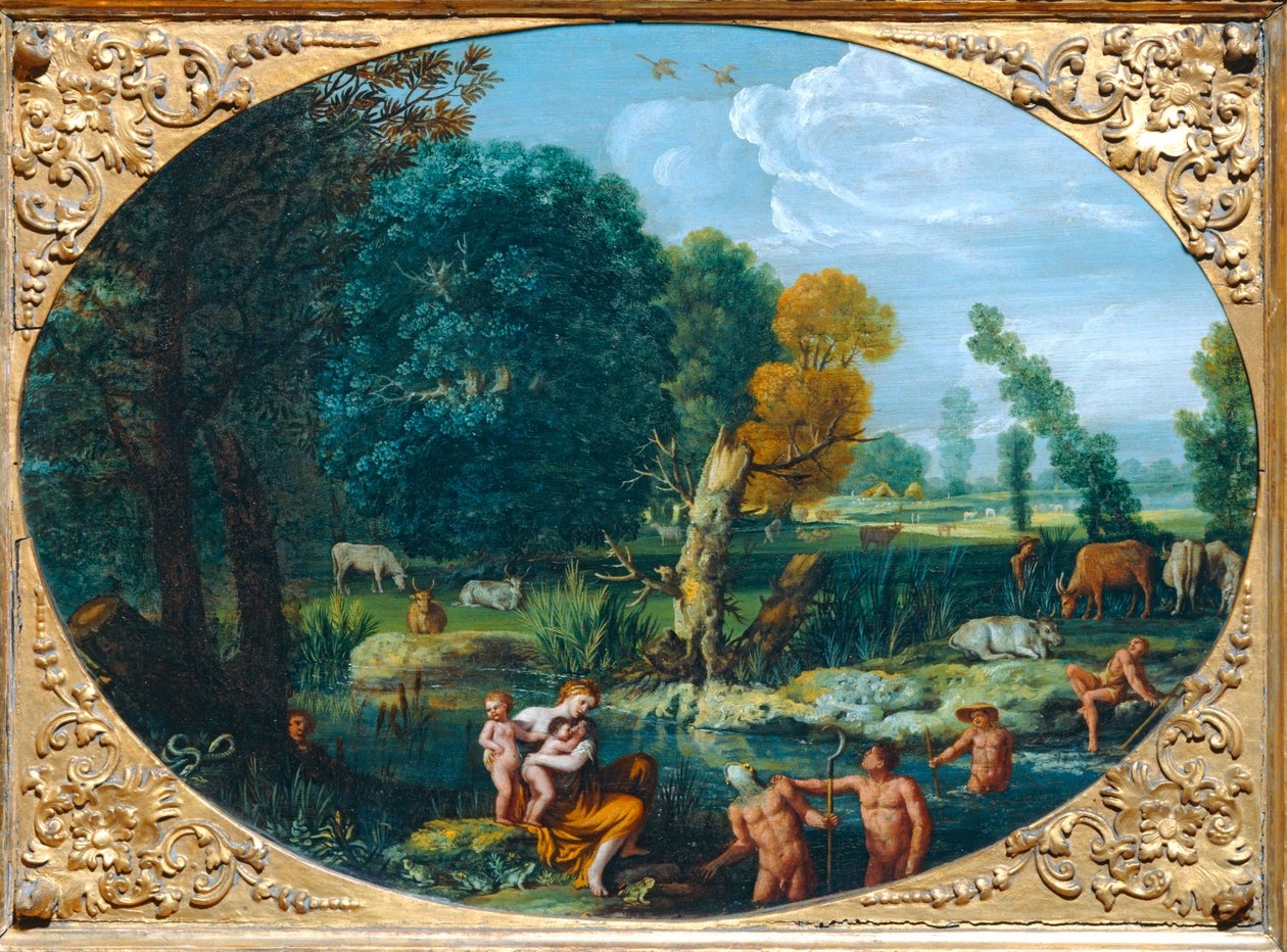 Latone metamorphosant les paysans de Lycie en grenouilles - Latone forvandler bønderne i Lykia til frøer ... af Pietro Paolo Bonzi