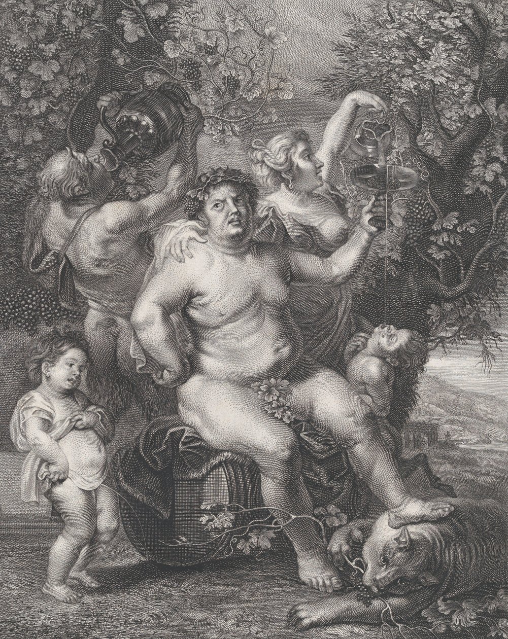 Bacchus siddende på en tønde foran vinstokke, med bacchanter, satyrer og børn s..., 1758. af Pietro Peiroleri