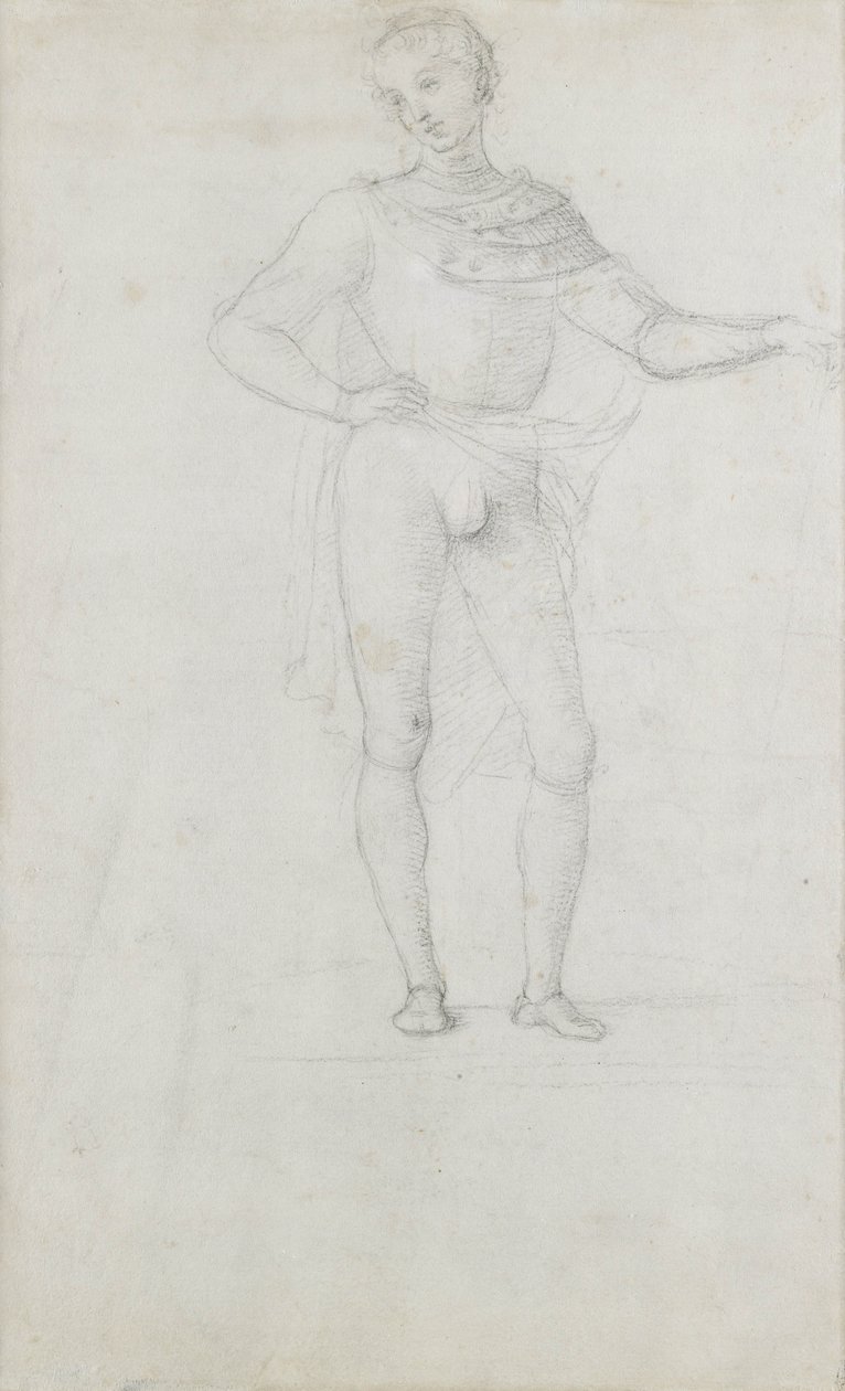 En undersøgelse af en figur i en tilbedelse af magi (sort kridt) af Pietro Perugino