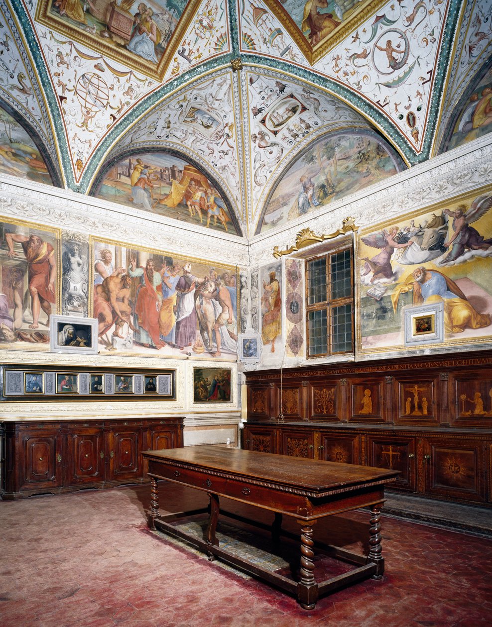 Glimt af sakristi med Perugino paneler, Basilica of Saint Peter, Perugia, Umbrien, Italien af Pietro Perugino