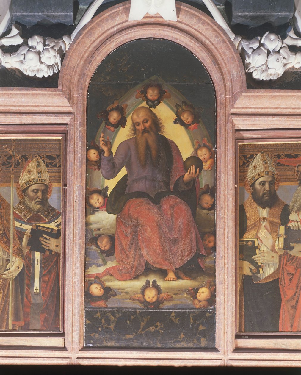 Italien, Lombardiet, Pavia Charterhouse (Certosa), andet kapel til venstre, polyptykon med Benedictory Eternal Fader af Pietro Vannucci eller Perugino af Pietro Perugino