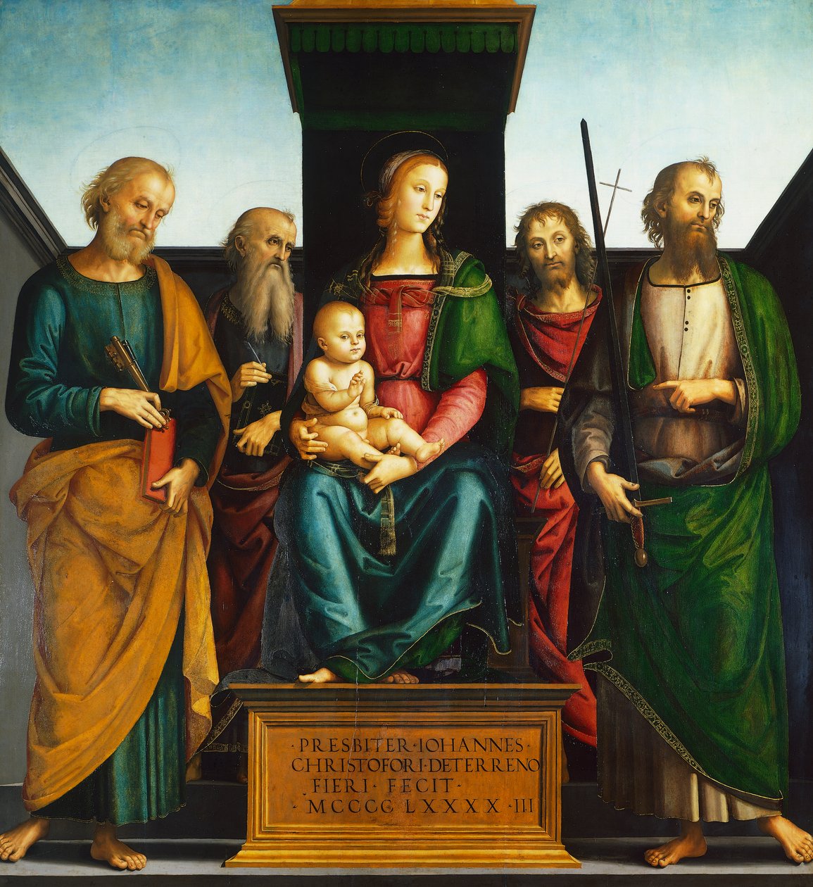 Madonna og barn på tronen med de hellige Johannes Døber, Peter, Paulus og Johannes Evangelist, af Pietro Perugino (ca 1450-1523) af Pietro Perugino