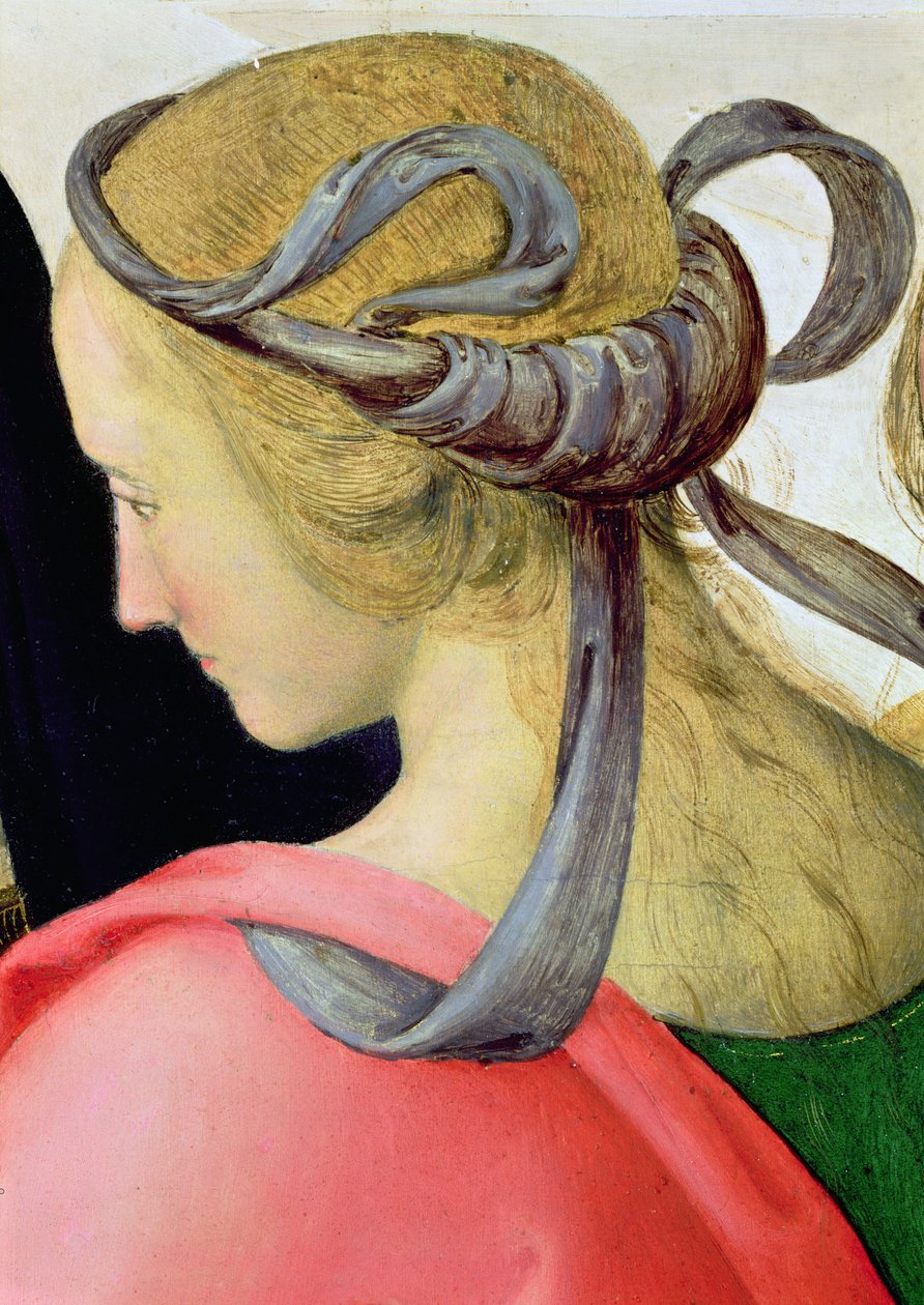 Jomfruens ægteskab, detalje der viser en af Jomfruernes ledsagere, 1500-04 olie på lærred detalje af 53750 af Pietro Perugino